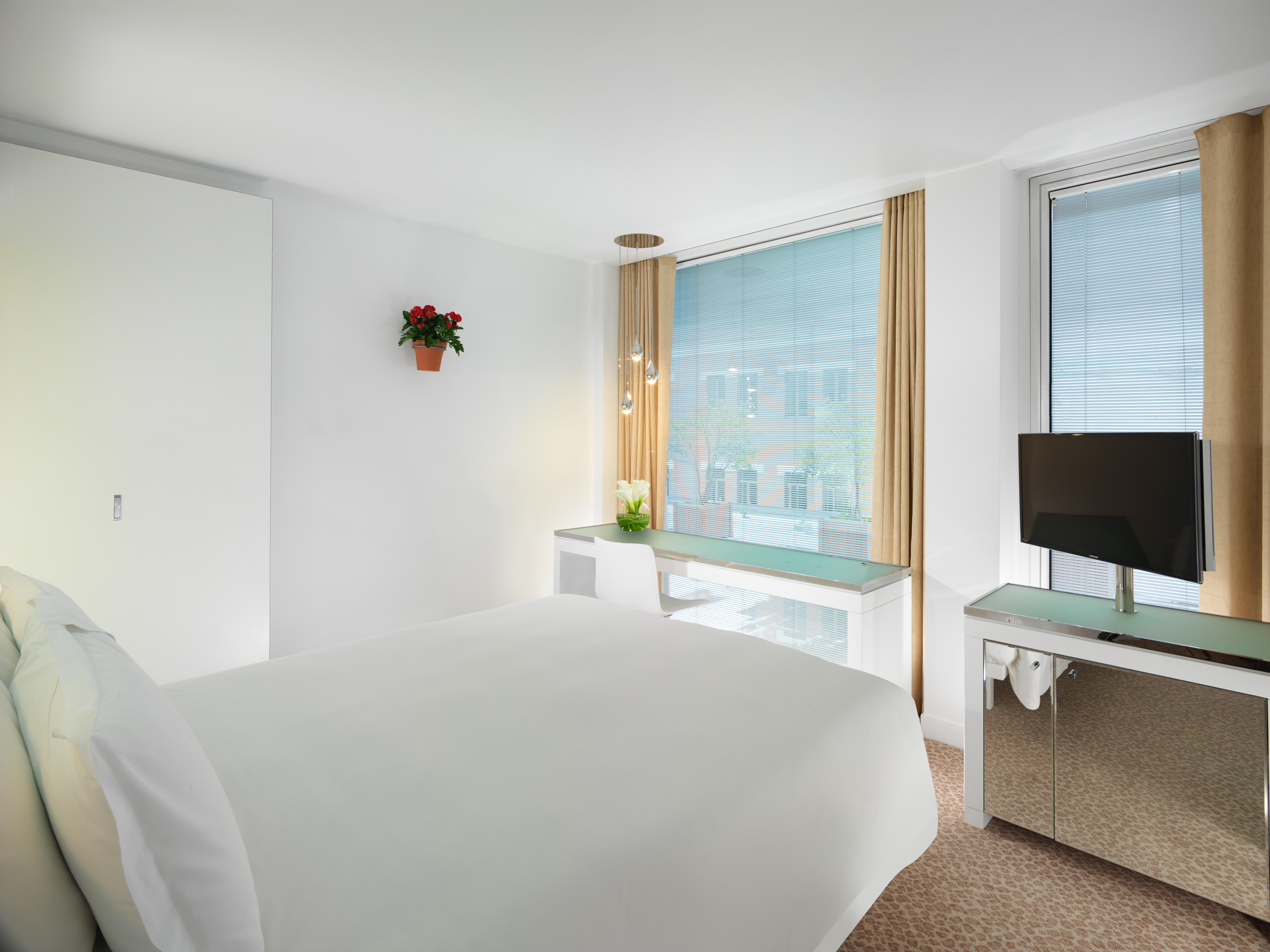 Hotel St Martins Lane Londýn Exteriér fotografie The photo shows a bright and modern hotel room. It features a large bed with crisp white bedding, positioned against a clean, light-colored wall. There are two windows with light curtains that allow natural light to enter the space. A small potted pl